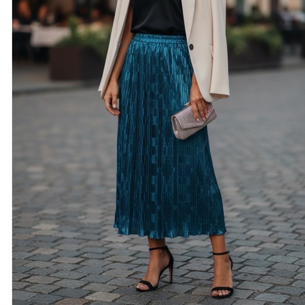 Cider Happy Hour Teal Blue Pleated Satin Midi Skirt Boho Feminine Womens Med NEW